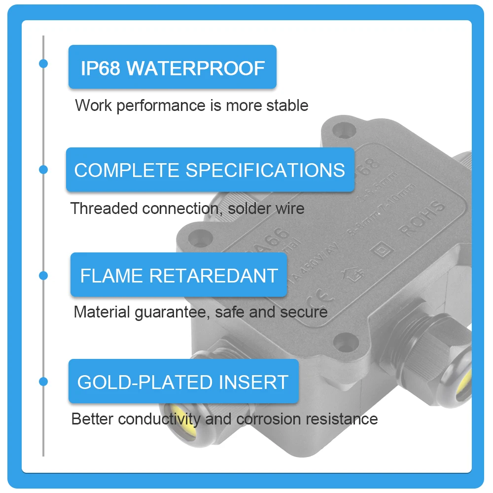 IP68 3 Way Waterproof Junction Box 5-12mm Cable Electrical Wire Connectors With 32A 250V Terminal External Electric Junction Box image 3