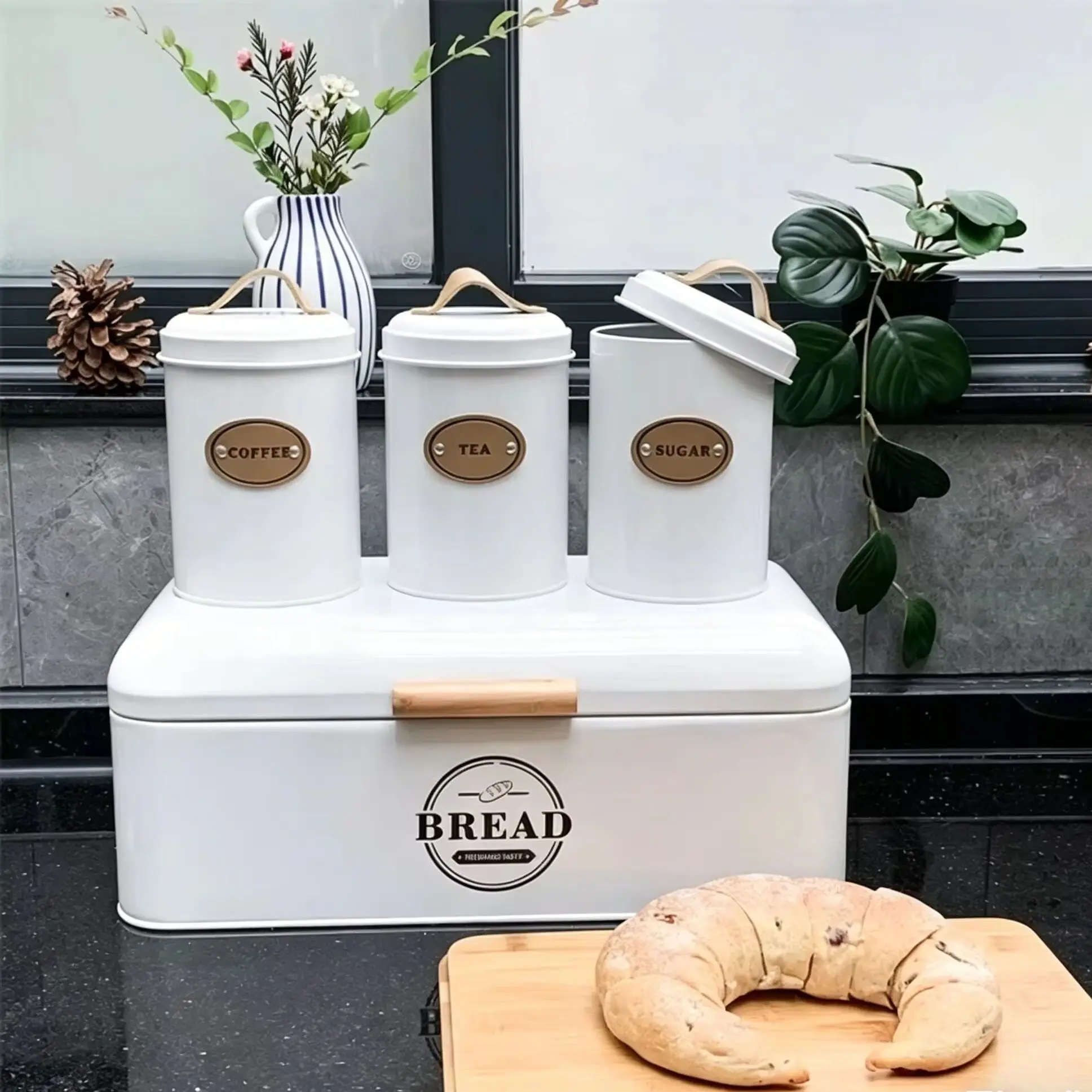 

Food-grade iron bread box home-use moisture-proof bread storage container, kitchen coffee tea sugar canister four-piece set household bread box with food-grade sealing