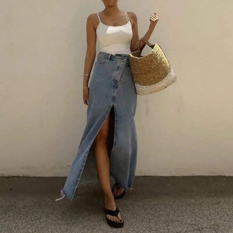 

Vintage Loose Chic Denim Skirts For Women Elegant High Waist Office Lady Long Skirt Fashion Blue Jeans Skirt Female 2023 p1184