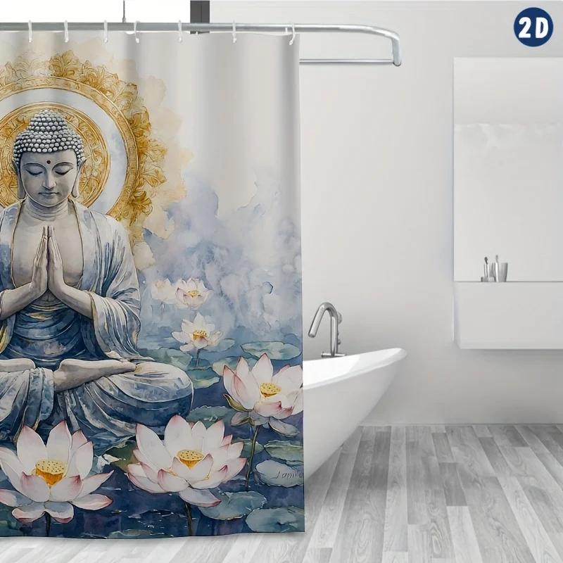 1pc Buddha Sitting Cross-Legged Meditation Shower Curtain, Lotus & Watercolor Design for Spiritual Bathroom Decor