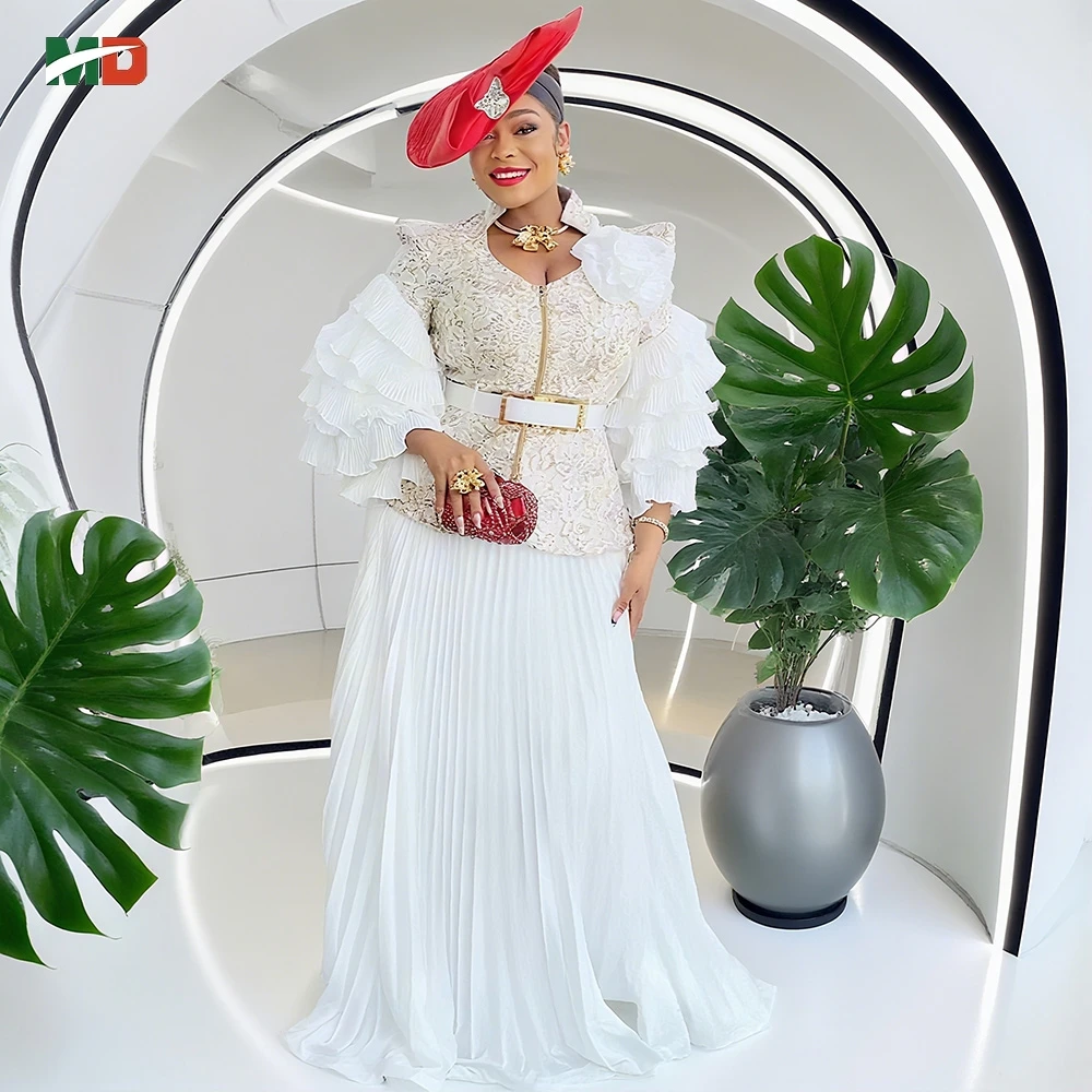 

MD African Dress Plus Size Gown Elegant White Lace Top with Ruffled Sleeves & Pleated Maxi Skirt Set Ideal for Special Occasions