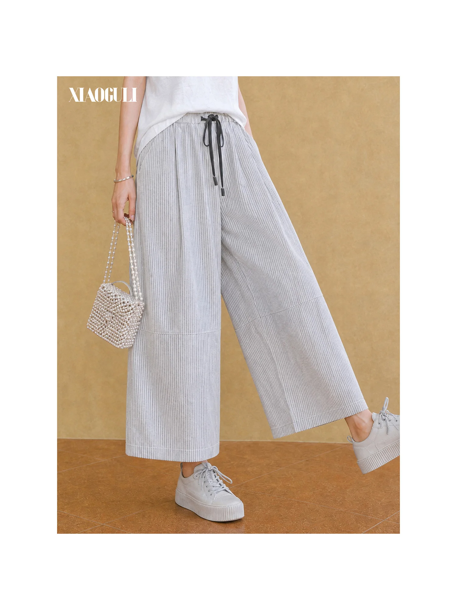 XIAOGULI Women Ankle Length Pants High Waist Drawstring Striped 2026 Summer Loose Fit Korean Style Casual Trousers