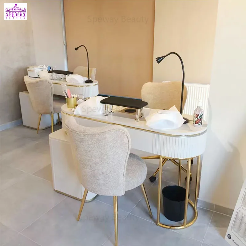 Luxury White and Gold Nail Salon Furniture Buit-in Dust Collector Manicure Nail Station Salon Nail Desk
