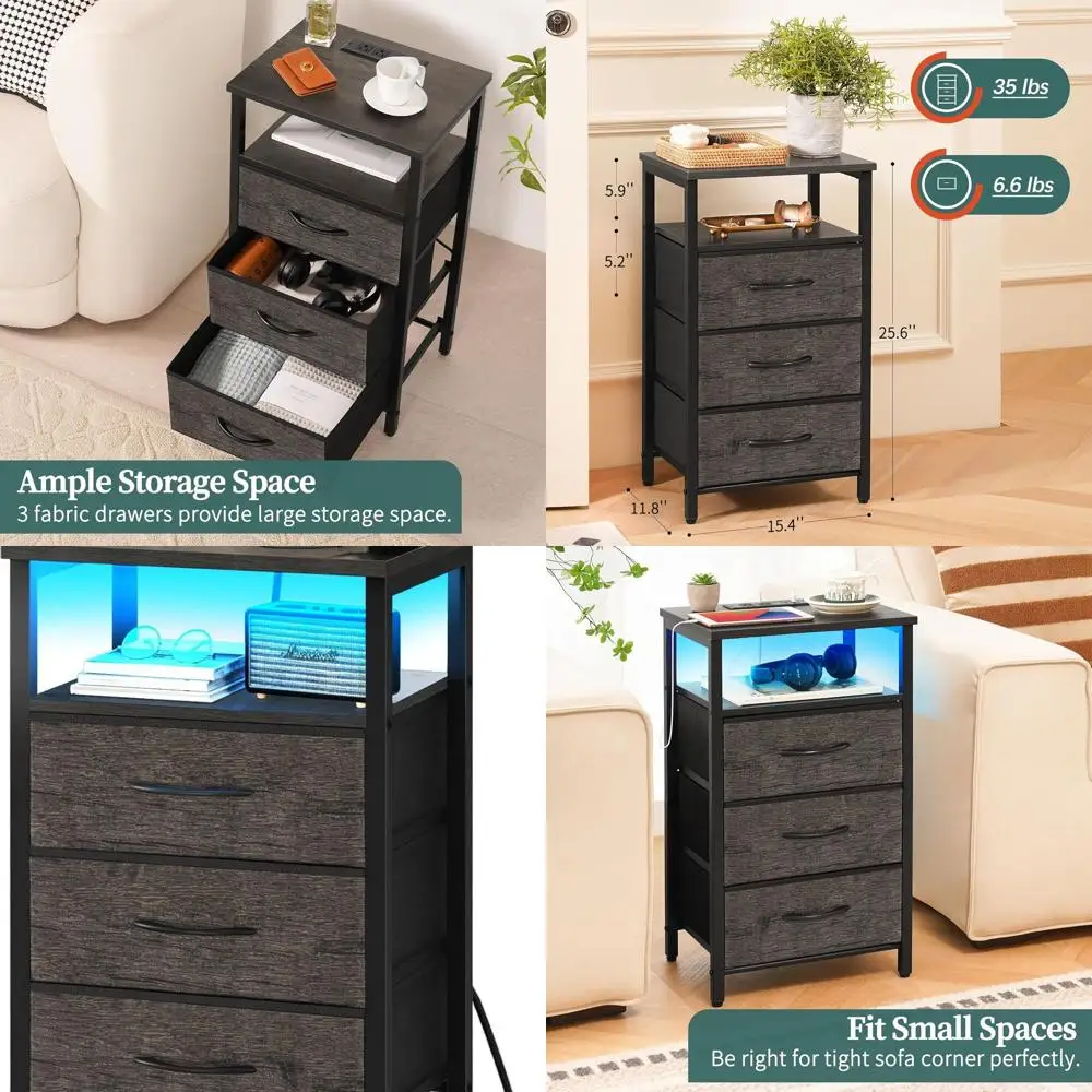 

Серая светодиодная тумбочка с 20-цветной подсветкой, зарядными портами, 3 ящиками и полкой для хранения небольших помещений