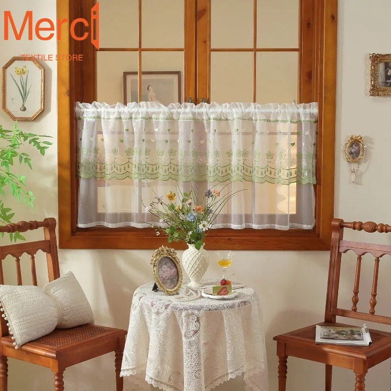 

Pastoral Embroidery Flower Lace Tulle Short Curtains for Living Dining Room Bedroom Kitchen Elegant European Decoration Drapes
