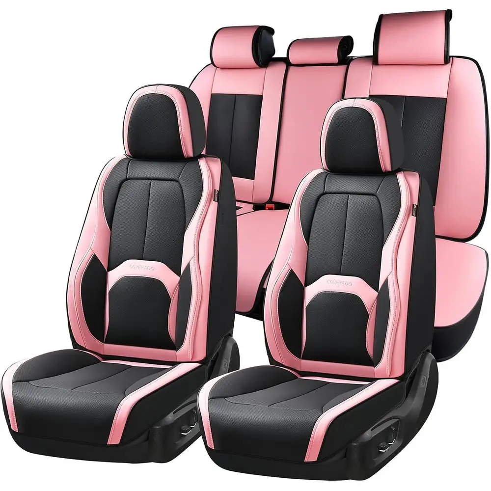 Universal Waterproof Nappa Leather Seat Covers with Lumbar Support for Cars, SUVs, and Trucks - Black & Pink