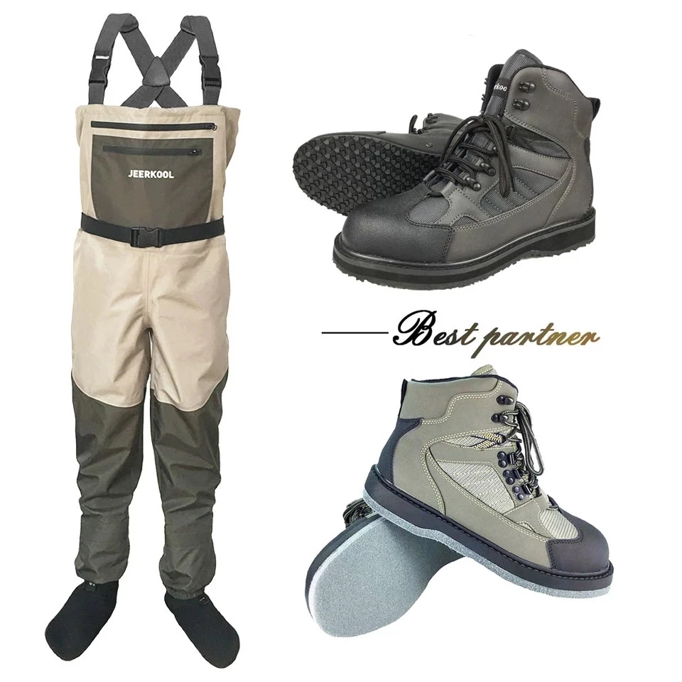 Fly Fishing Waders with Fishing Boots Men Women Hunting Fishing Waterproof Wading Clothes and Rubber or Felt Sole Fishing Shoes