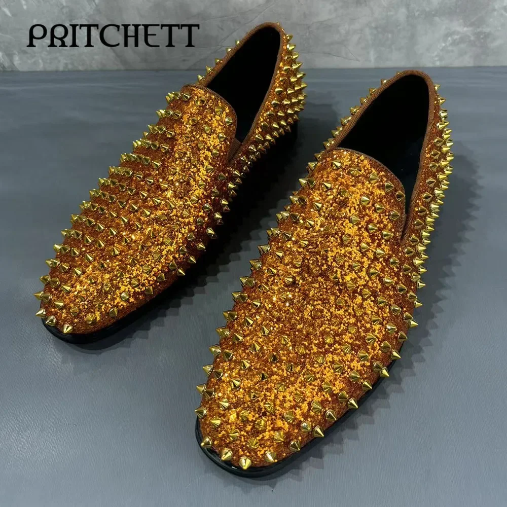 

Gold Studded Diamond Loafers with Round Toe and Thick Heels Luxury Performance Shoes Fashionable and Personalized Men's Shoes