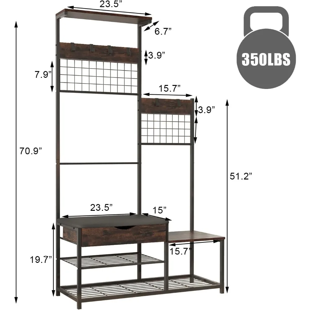 شجرة قاعة 4 في 1 على الطراز الصناعي مع درج تخزين، وسادة ناعمة، رف معطف، لمسة نهائية بنية عتيقة، أثاث المدخل لـ Fam