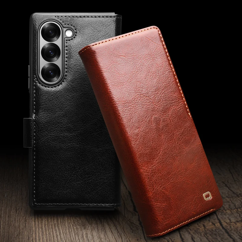 QIALINO Premium Genuine Leather Case for Samsung Galaxy Z Fold6 Fold5 Fold 6 Fold 5 5G Natural Cowhide Wallet Cover