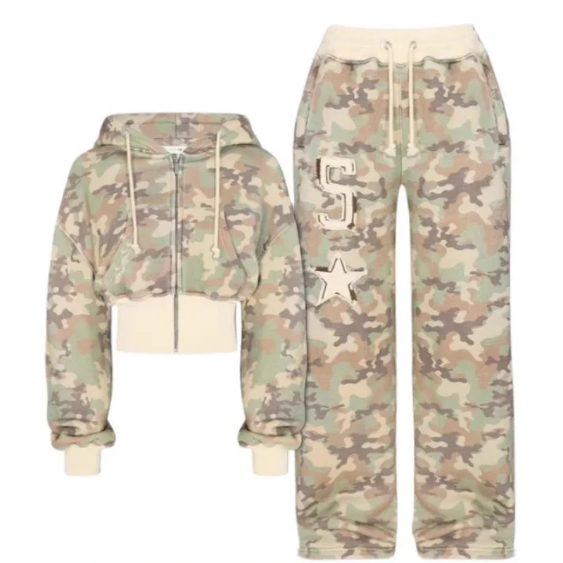 New 2025 Fashion Y2K Sportswear Two Piece Suit Womens Hip Hop Pink Camouflage Short Waist Hugging Slim Hoodie Casual Loos eqs9X