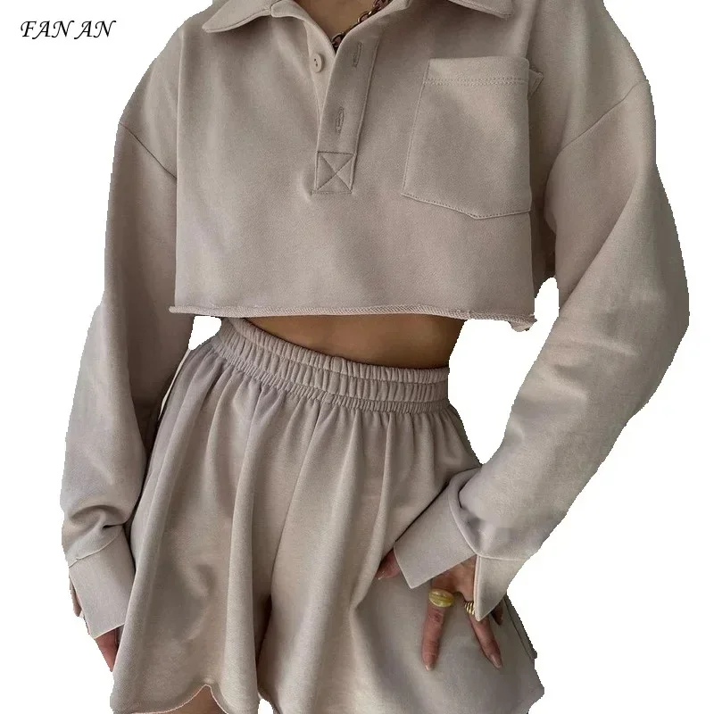 Spring and Summer New Fashion Women Cross-border Amazon Solid Color Long Sleeve Short Casual Cardigan Top Drawstring Shorts Set