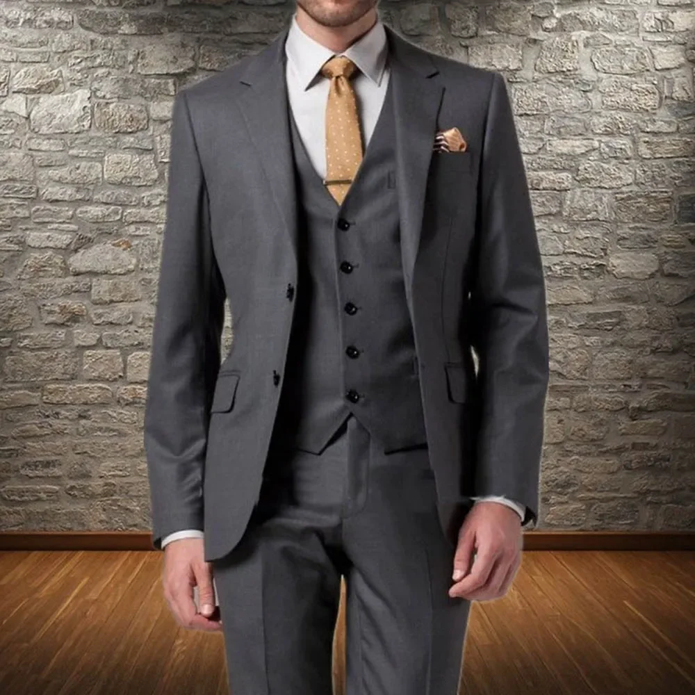 

Gray Formal Notch Lapel Single Breasted Suits for Men Fashion Casual Wear Prom Wedding Tuxedo Full Men's Suit Slim 3 Piece Set