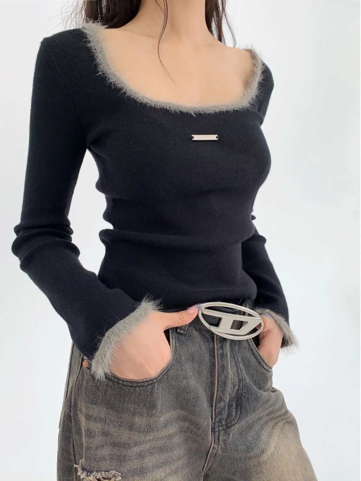 

Slim Fit Long Sve вязаный свитер женский Ele квадратный воротник Camere Sle весна осень Faion Design Base irt