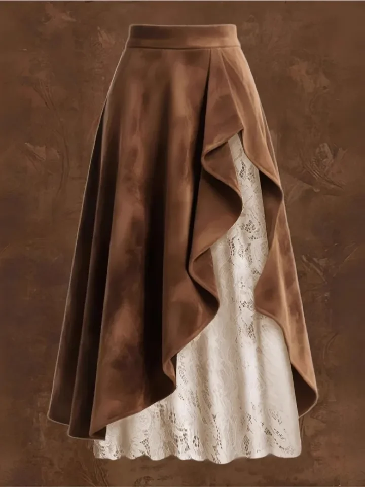 Brown Suede & Lace Maxi Skirt Western Vintage Women 2026 Spring New Asymmetrical Ruffled High Waist A-Line Elegant Skirt