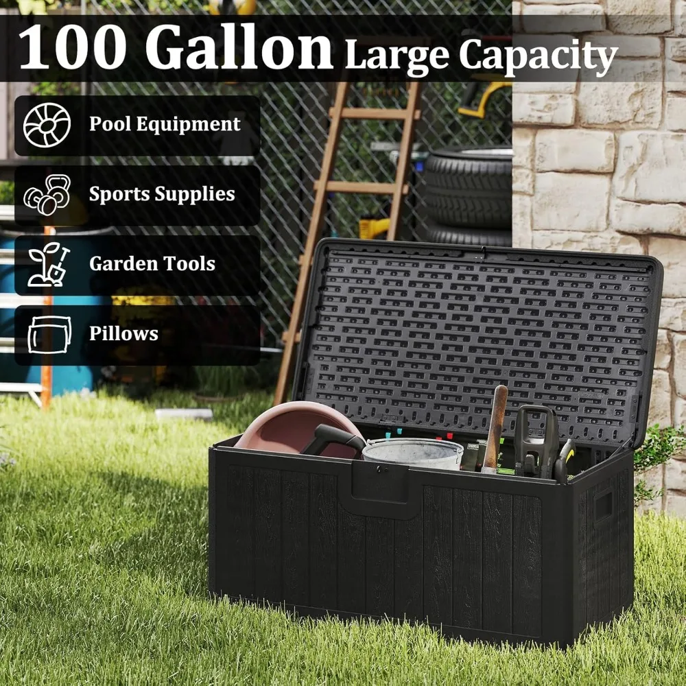 صندوق تخزين خارجي سعة 100 جالون، مقعد تخزين خارجي من الراتنج مع غطاء قابل للقفل، صندوق سطح مقاوم للماء لأدوات الحدائق، Po