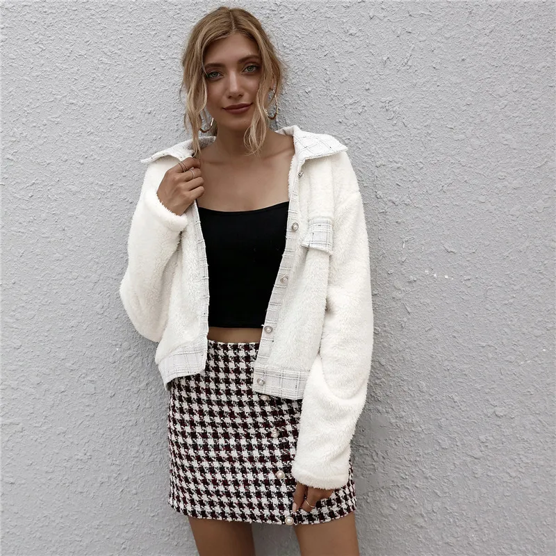 Einreiher Kurz Mantel Damen Mode Revers Kragen Shirt Wolle Mantel Winter Freizeit Langarm Tasche Strickjacke Mantel Mantel