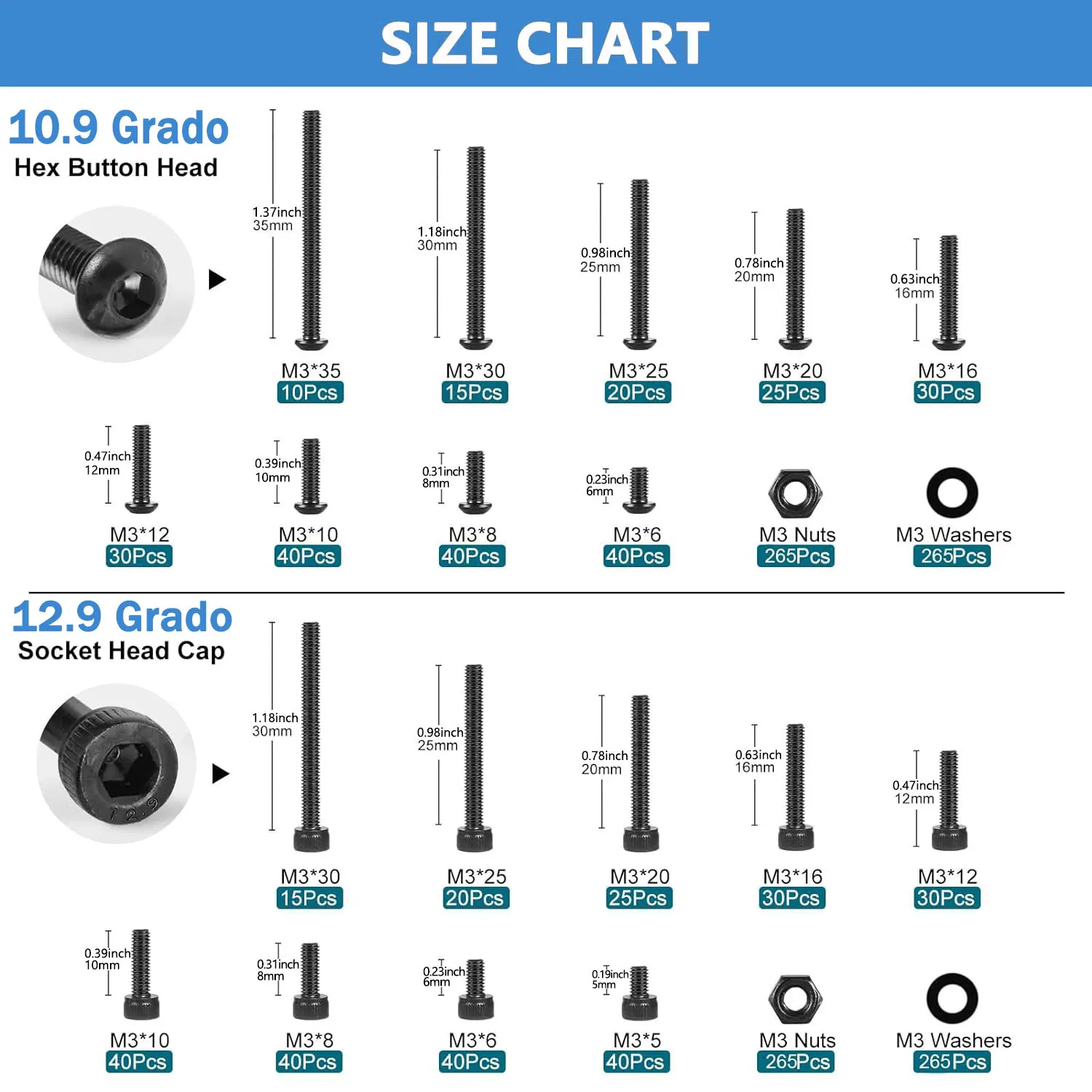 1600Pcs M3 Metric Screw Kit, 10.9/12.9 Alloy Steel Hex Socket Button & Cap Head Bolts Nuts Washers