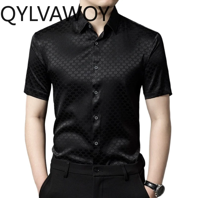 

QYLVAWOY New Men's Shirts Summer Tops 92% Real Mulberry Silk Shirts Lapel Short Sleeve Stylish Clothes for Man Business Casual