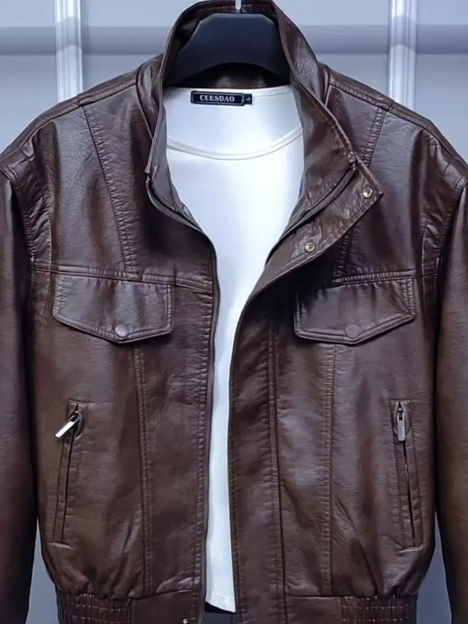 

High Quali Men's PU Leather Jaet Stand Collar Spring Autumn Faionable Versatile Busin Sle Youthful Retro Design