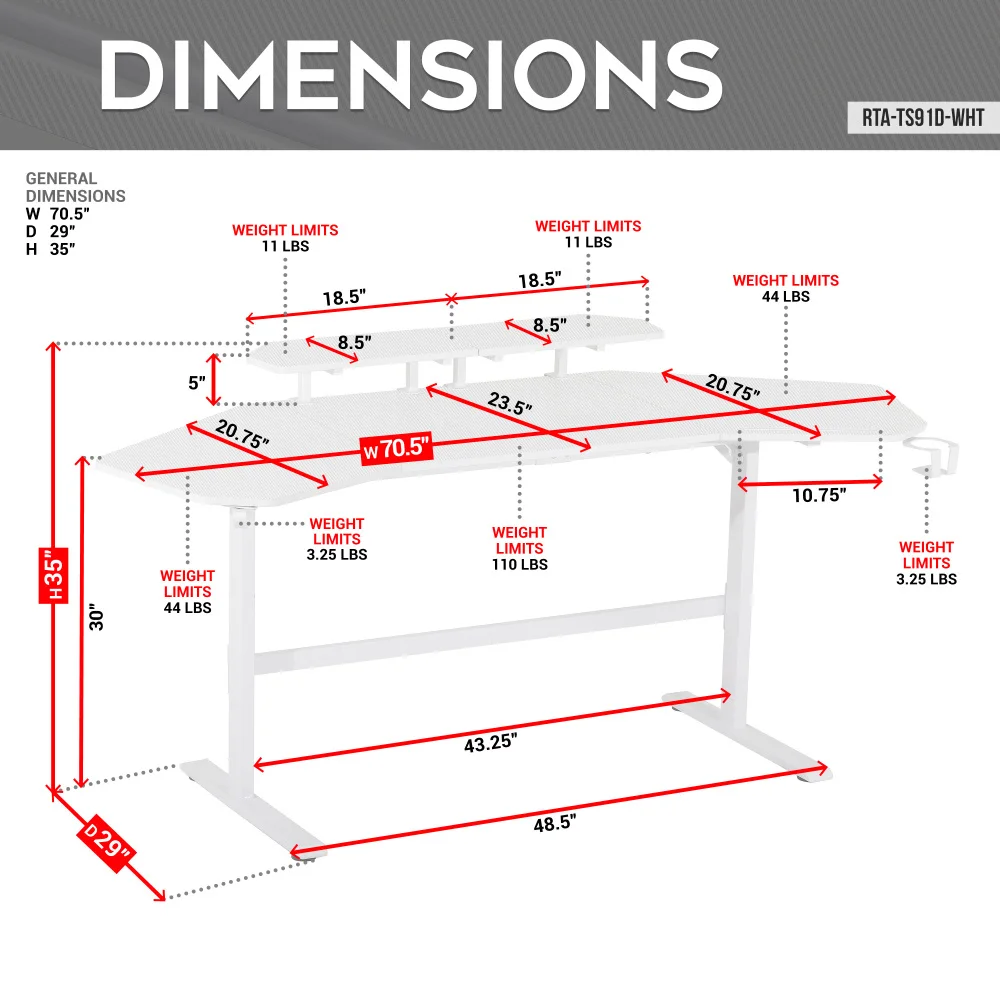 مكتب ألعاب TS911D مع أرفف وحامل ملحقات، أبيض