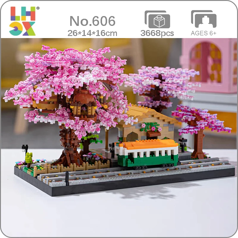 

LHCX 606 World Architecture Pink Cherry Blossom Tree Sakura Railway Station Train Mini Diamond Blocks Bricks Building Toy No Box