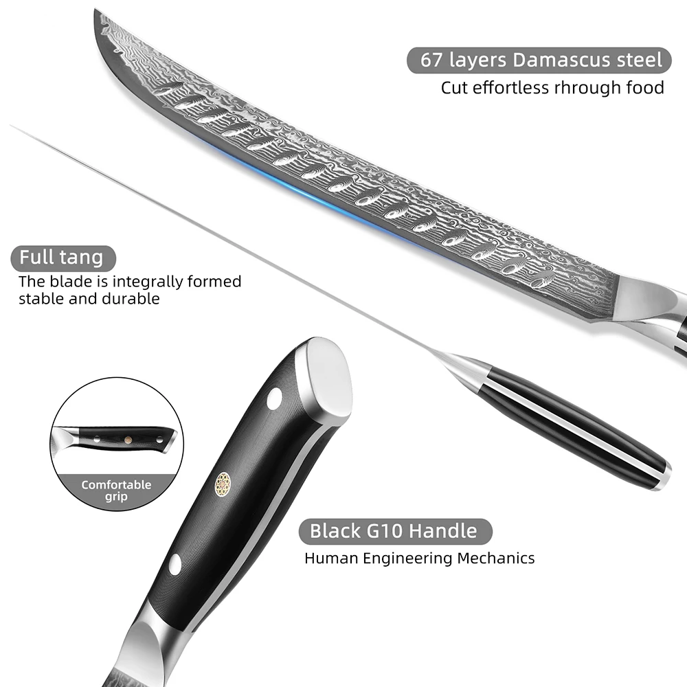 XITUO Damascus Steel Slicing Carving Knife Ultra Sharp Forged Brisket Knife Butcher Breaking Kitchen Knife Full Tang Handle