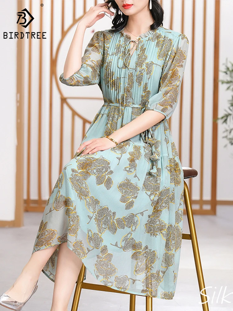 BirdTree 100%Real Silk Plus Size Dresses Women,Round Neck Puff Sleeves,Print Slim Elegant A-line Dress,2024 Spring New D42279QD