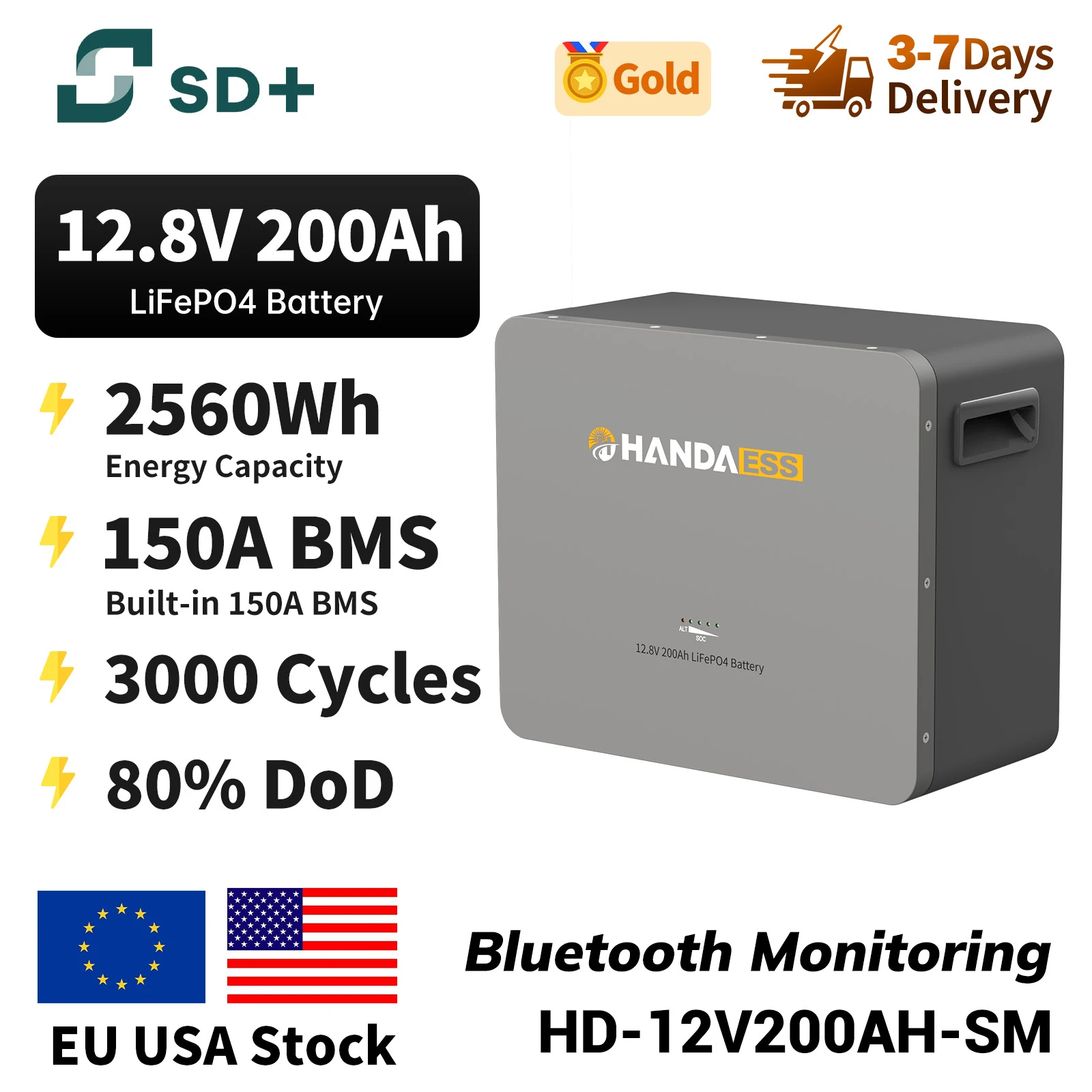 SANDISOLAR HANDA LiFePO4 Battery 12.8V 200Ah 2560Wh｜3000 Cycles /Small Size/Light Weight//Long Cycle Life