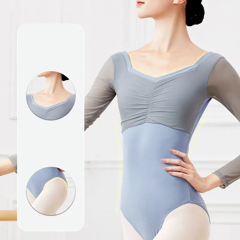 Ballet Leotards Woman Gymnastics Leotards Square Collar V Back Long Sleeves Dance Leotard Nylon Dancing Bodysuit Swimsuit Adults