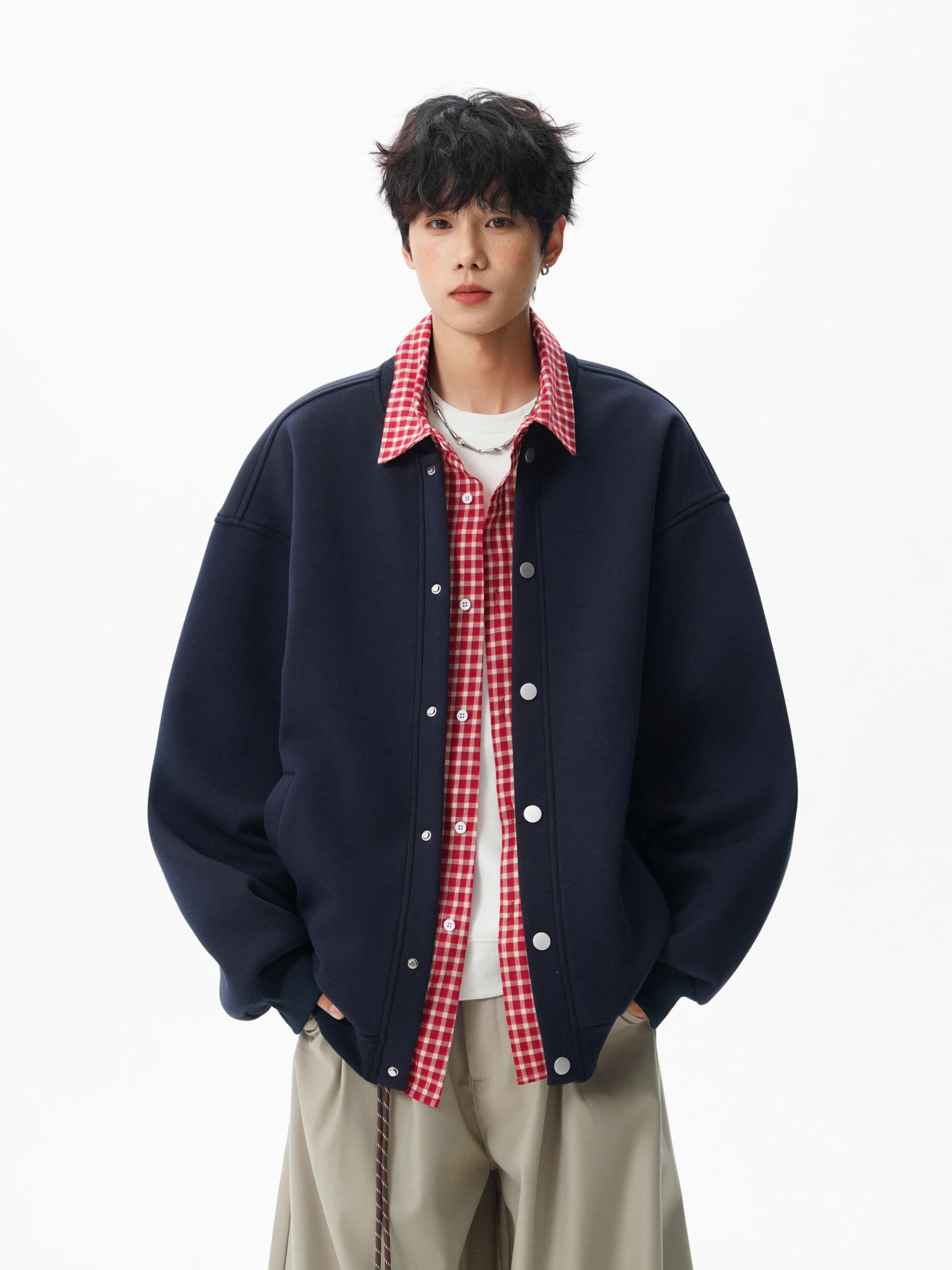 

Поддельный клетчатый кардиган из двух частей с воротником рубашки, свитер, мужское и женское осеннее свободное корейское пальто для пар