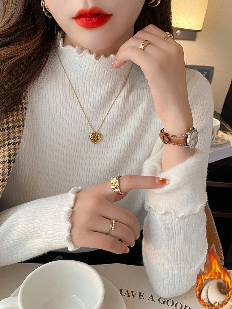 

2025 Plus Velvet Long Sleeve Casual Warm Ruched Turtleneck Pullovers Autumn Winter Thick Women Sweater Slim Soft Knitted Tops