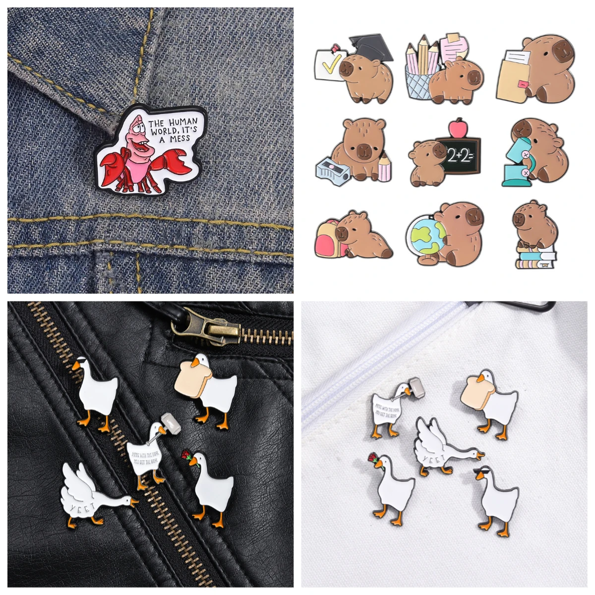 Alfileres de solapa creativos, broche de cita en forma de cangrejo, el mundo humano es un desorden, Pin de dibujos animados, alfileres para mochilas, insignias de Metal
