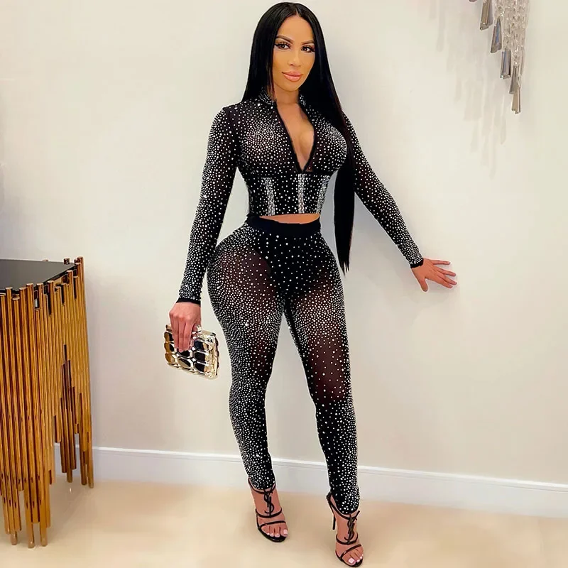 Doyerl Glitter Rhinestones Sexy Club Outfits Woman 2 Piece Set Mesh See Through Long Sleeve Cropped Top and Pants Suit Birthday