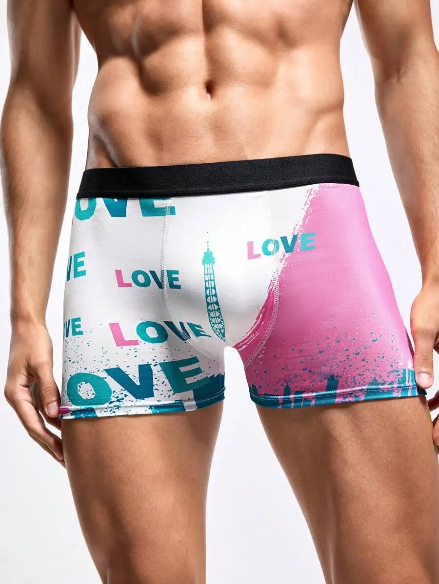 Mens Letter Print Color Block Boxer Briefs 4 Pieces Set