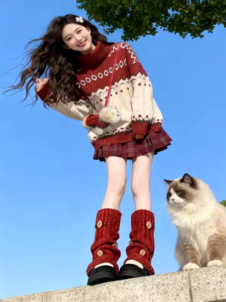 Cisas inverno camisola de malha e saia xadrez conjunto feminino faion duas peças conjunto vermelho fair isle malha princ sle