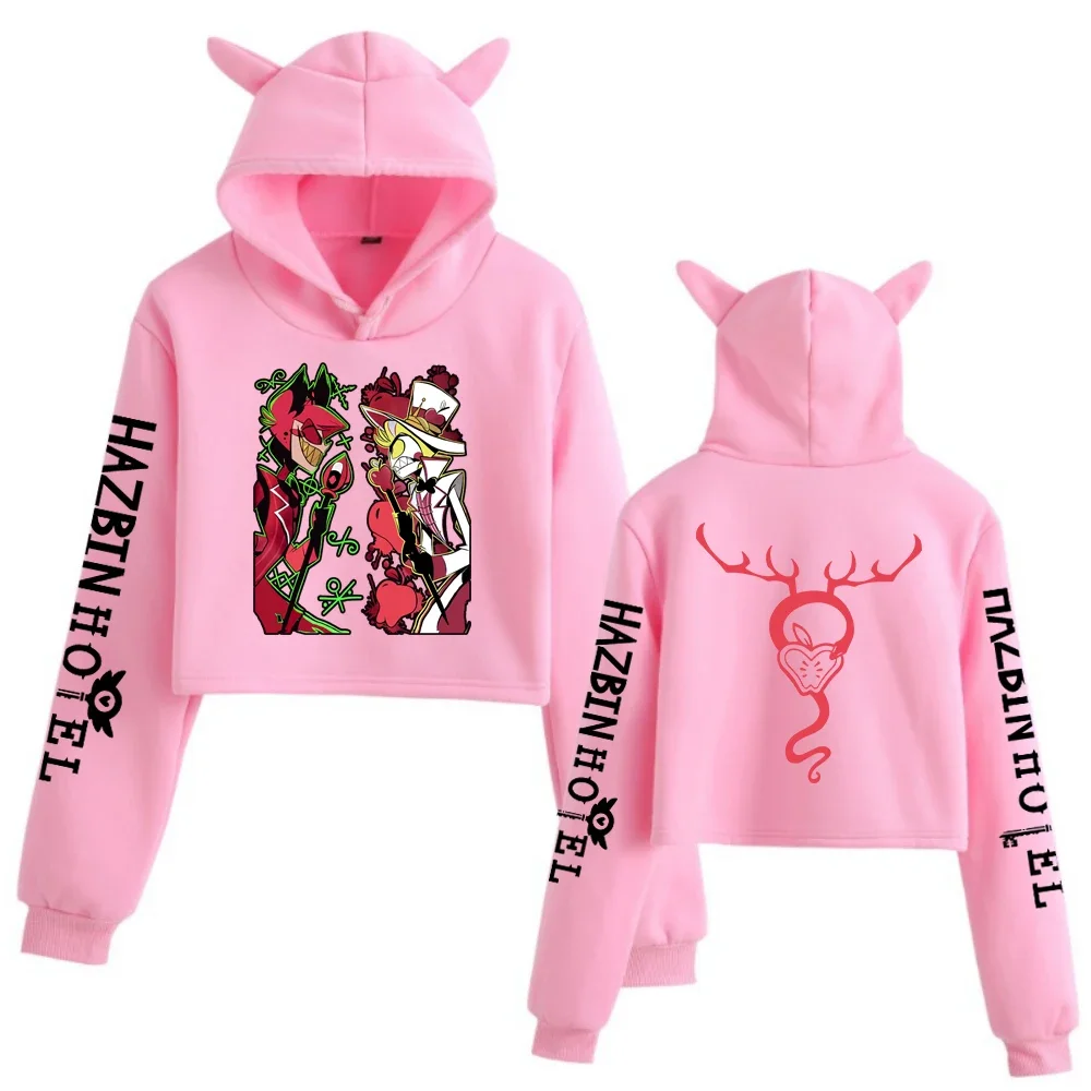 أنيمي هازبين فندق Alastor VS لوسيفر المحاصيل القمم آذان القط البلوز طويلة الأكمام الفتيات الأزياء هوديي