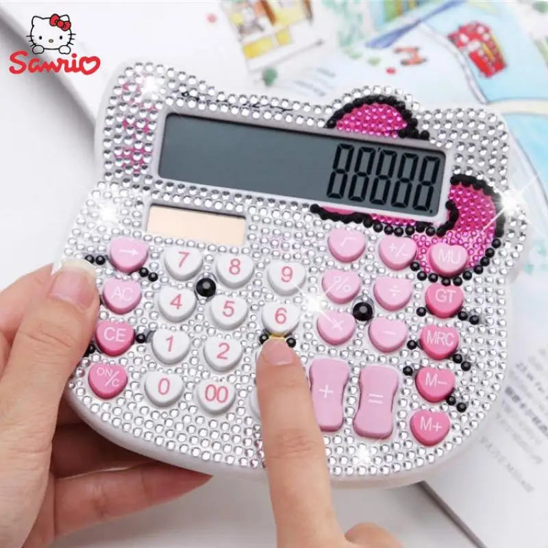 Sanrio Hello Kitty Zonne-Energie Rekenmachine Diamant Student Vlinderdas Hart Knop Boekhoudkundige Creatieve Ideeën Elektronische Geschenken