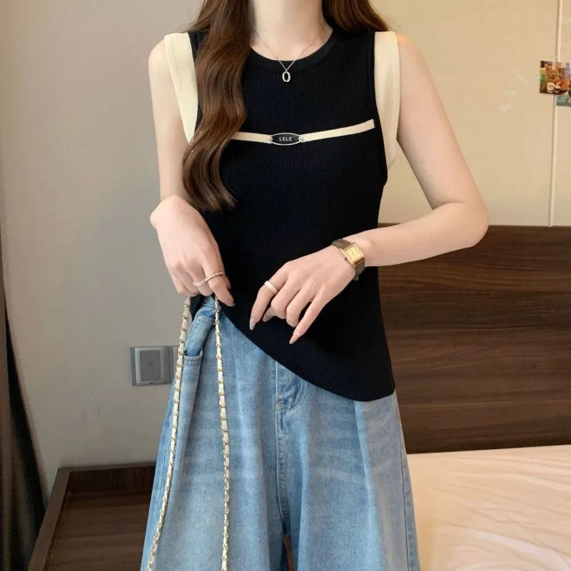 Women's 2024 New Summer Minimalist Commute Spliced Epaulet Contrast Color Loose Crew Neck Sleeveless Knitted Camisole Tanks Tops