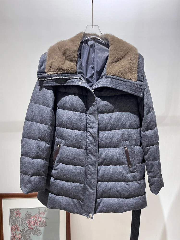 2025 Women Winter Warm Goose Down Jacket Real Mink Fur Collar Cashmere Wool Jackets Thick Cusual Female Puffer Jackets