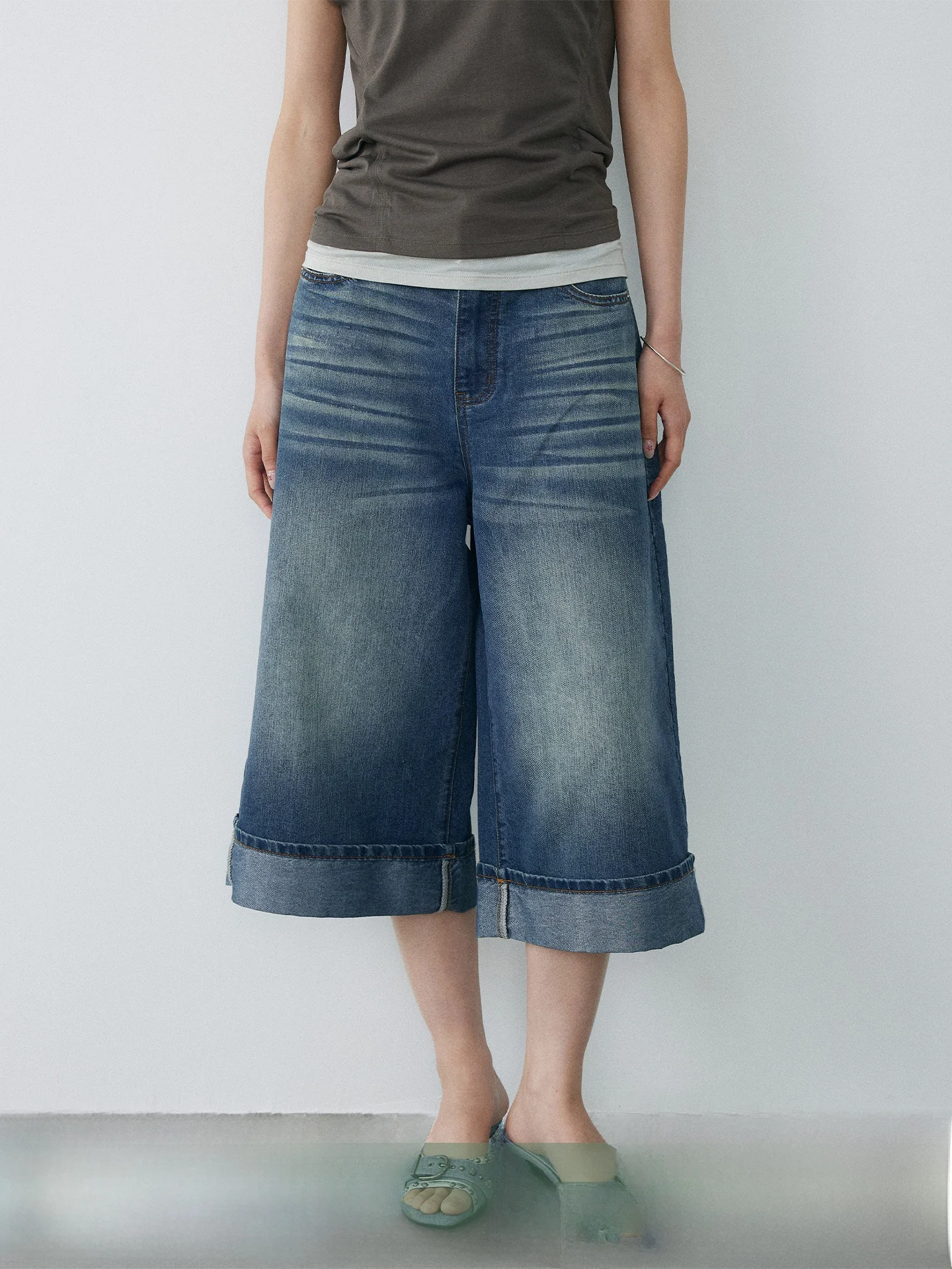 

KEARA High Waist Wide Leg Cuffed Denim Jeans Women Loose Slimming Casual Versatile Eighteen Pants Summer Vintage Personality