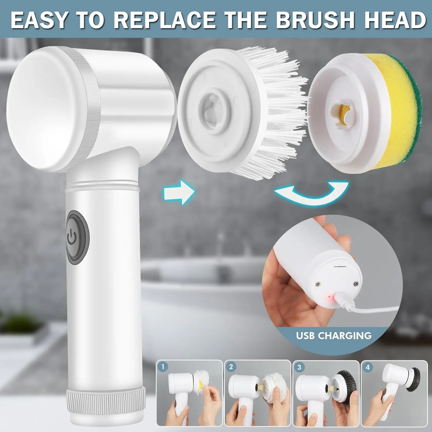 Cordless Electric Cleaning Brush Scrubber Super Power Electric Spin Cleaner And 5 Replaceable Shower Clean Brush Heads Universal