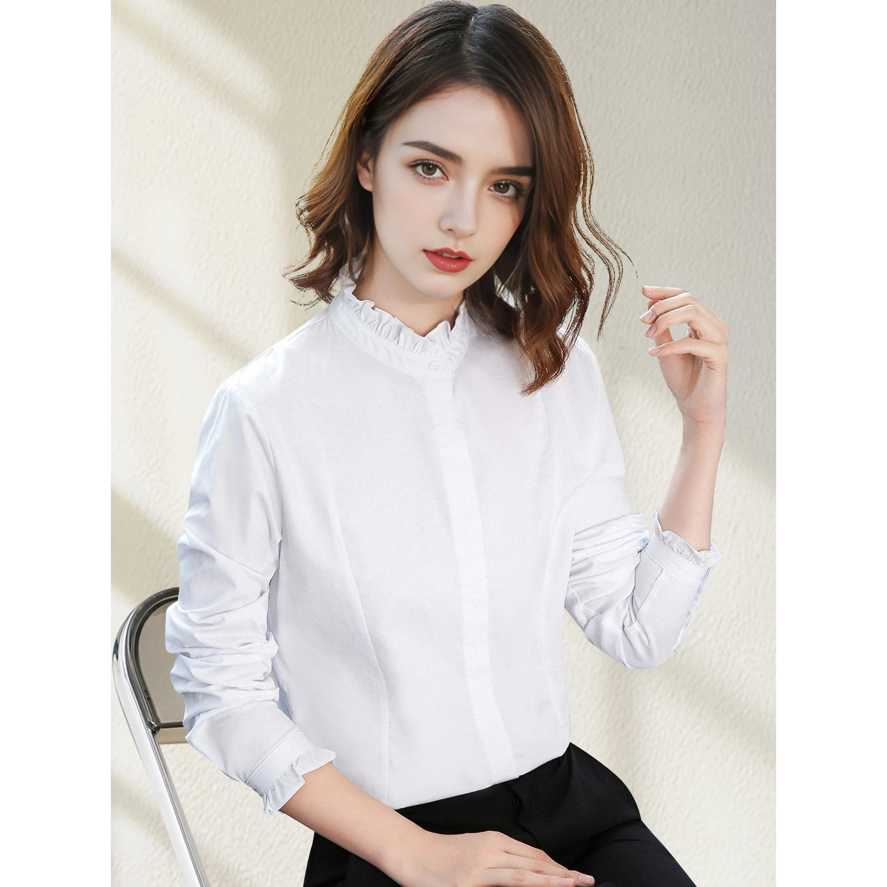

Cotton Standup Collar Ruffled Longsved irt Women's Busin Sle Slim Fit Long Sve UV Protection Stand Collar irt