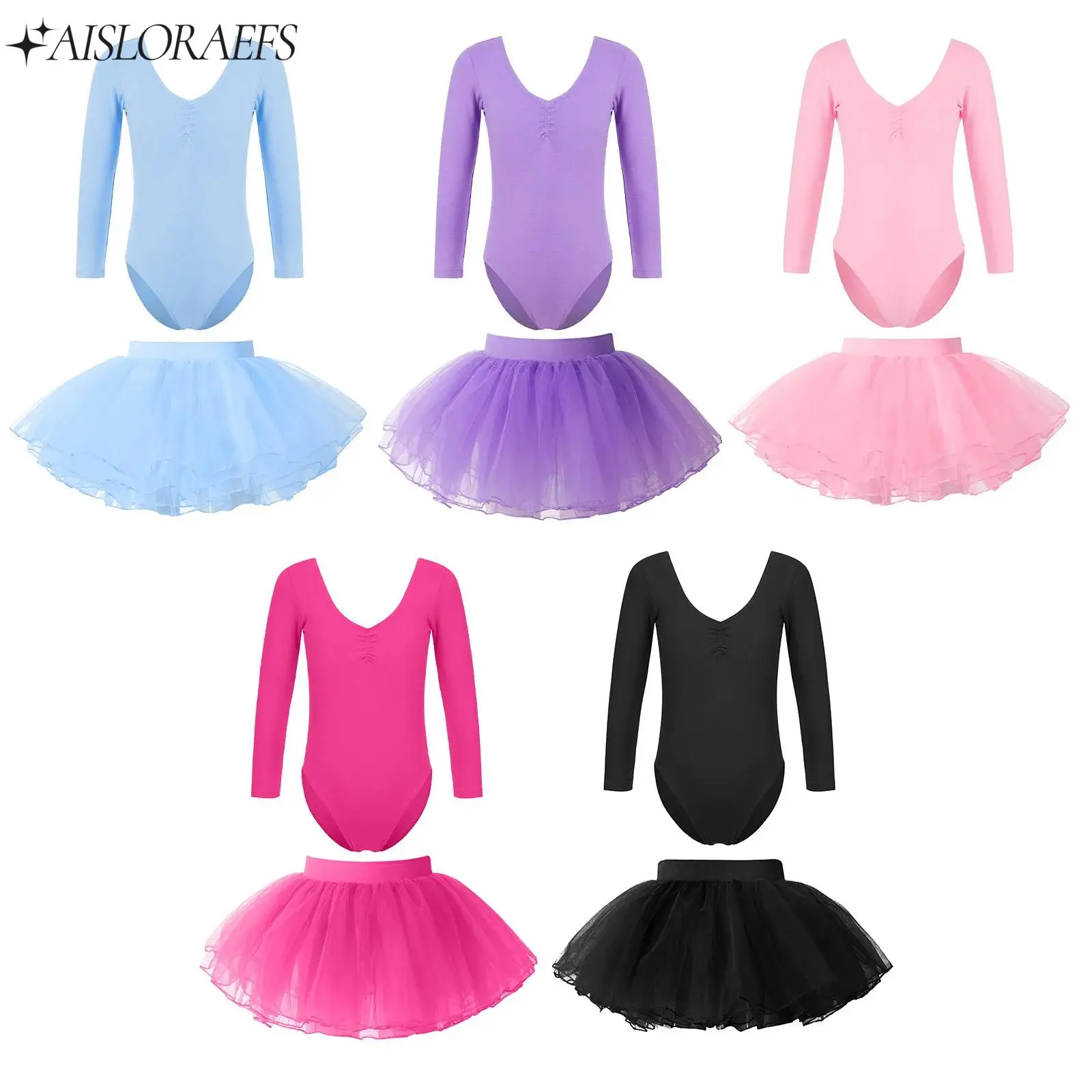 

Kids Girls Ballet Dance Outfit Long Sleeve Solid Color Leotard+Elastic Waistband Four-Layer Tutu Mesh Skirt Gym Training Wear