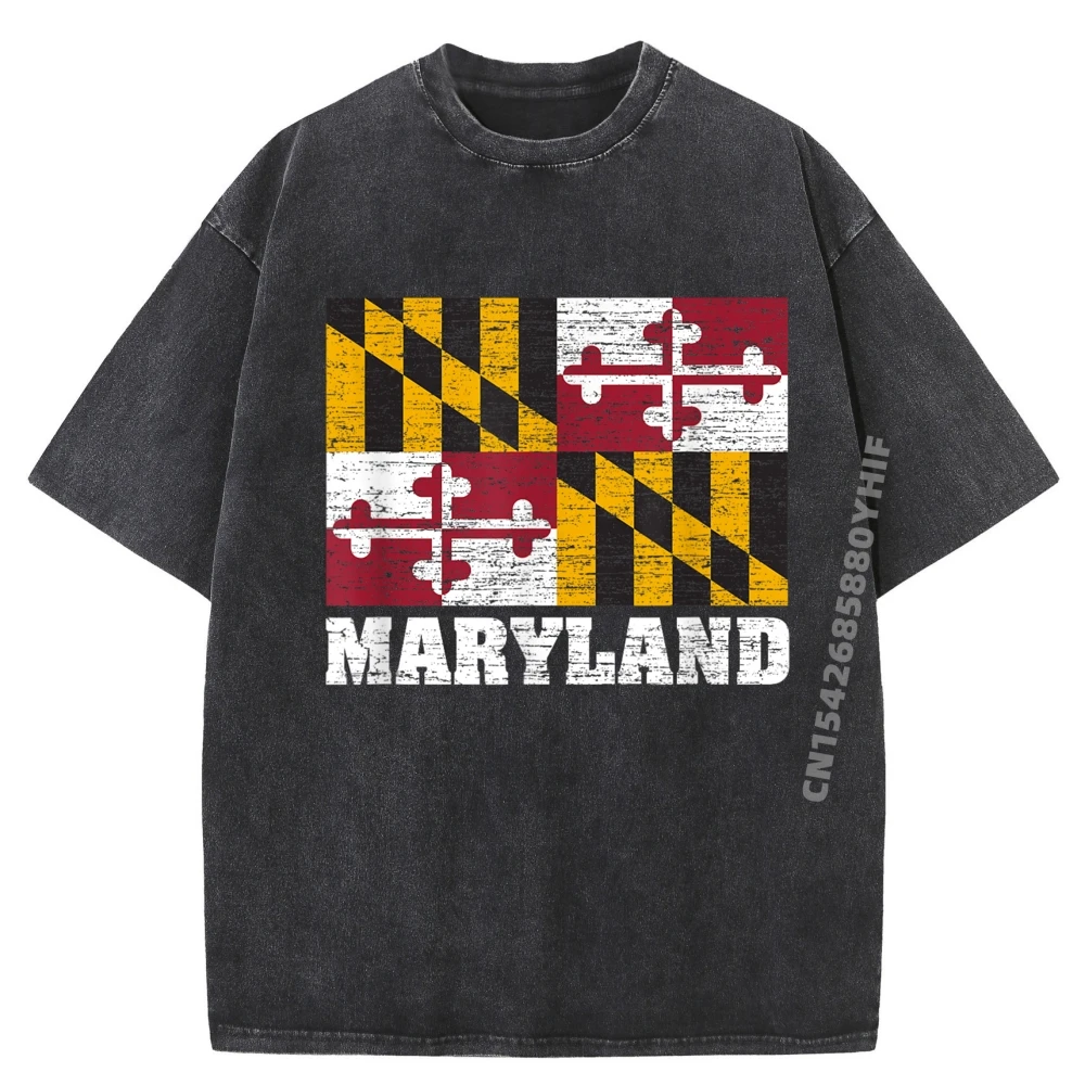

Maryland State Flag Souvenir Mens Korean Fashion Mens Short Sleeve Graphic T-Shirt Men Loose Washed Shirt