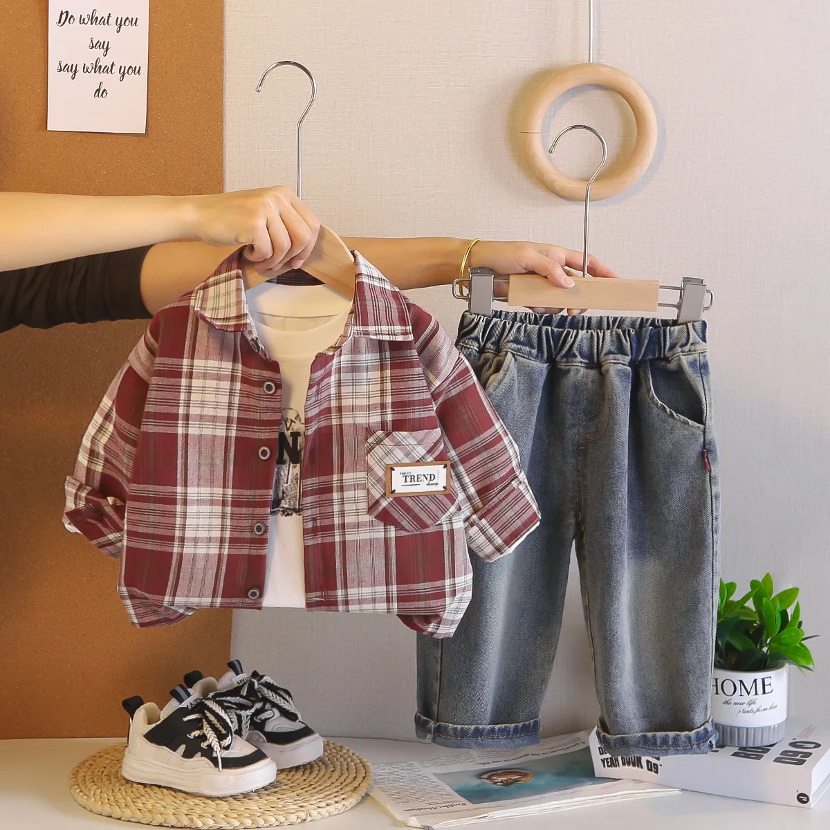 2026 Spring Hot Sale Toddler Boys 3pcs Set Plaid Shirt T-shirt Denim Jeans Kids Fashion Casual Trendy Bestseller Outfits