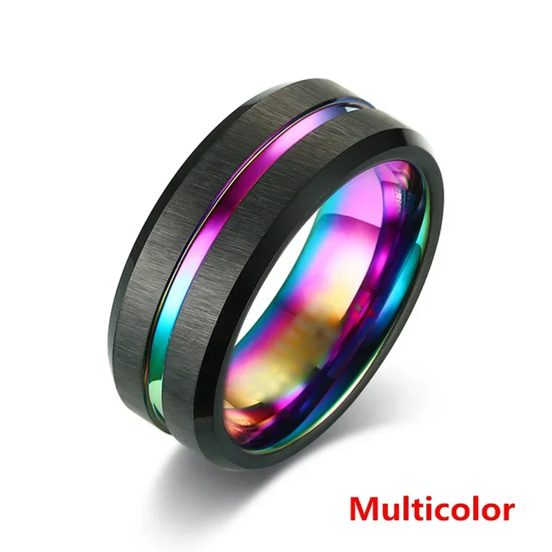 Fashion 8MM Men's Stainless Steel Rings Blue Red Colorful Groove Beveled Edge Wedding Engagement Ring Men's Anniversary Jewelry