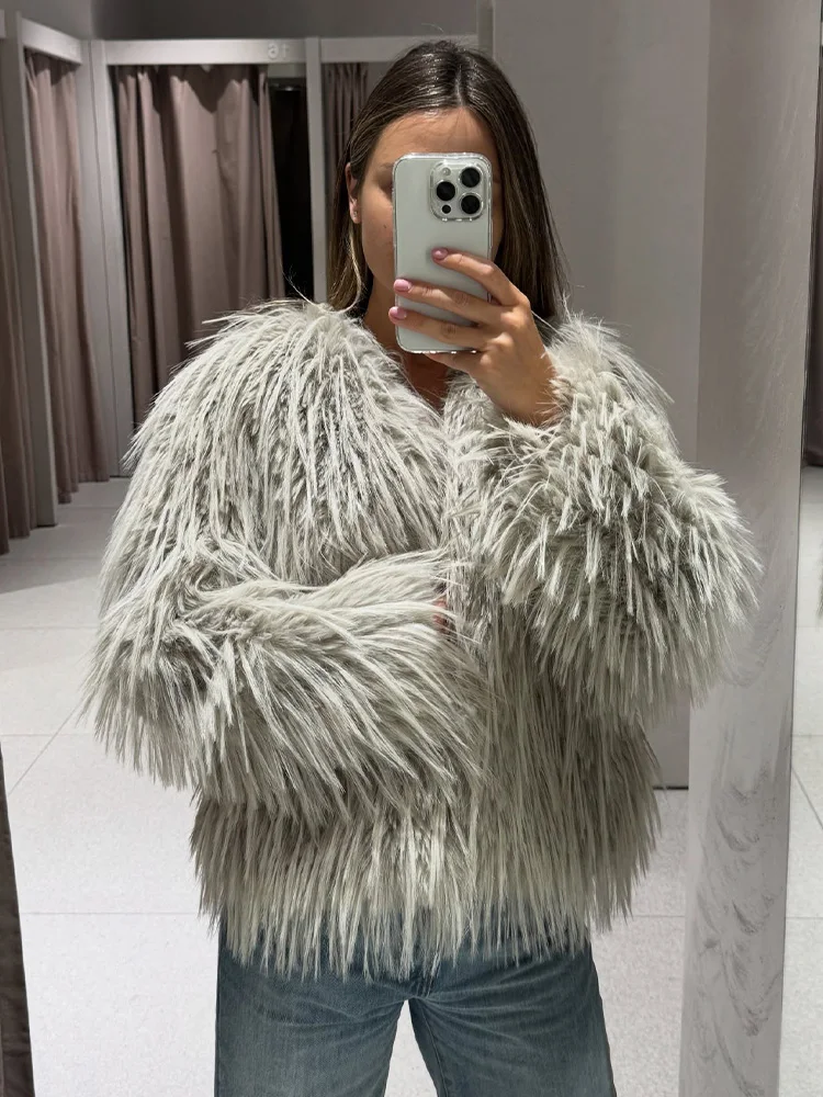 HH Women Solid Fashion Natural Imitation Fur Long Sleeve Coat Winter Female O-Neck Warm Pockets Casual Loose Outwear Jacket