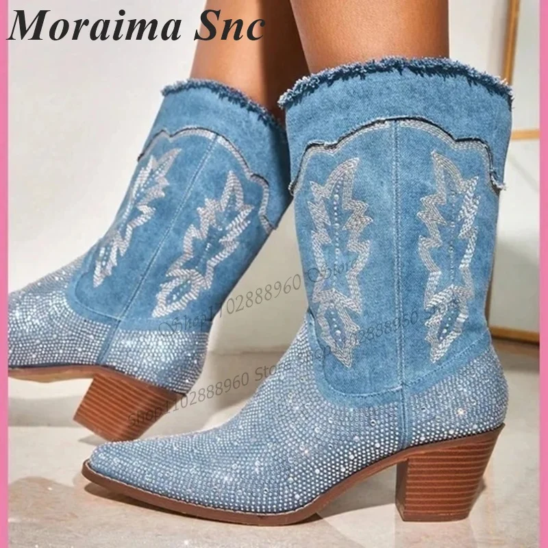 Plus Size Mid Calf Blue Denim Crystal Decor Boots Thick Heel Women Shoes Slip-On Pointed Toe 2023 Fashion Zapatos Para Mujere