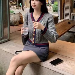 England Style Retro Women Gray Cardigan Knitted Sweater Preppy Style Embroidery Y2k Jacket Coat Female Winter V-neck Tops 2025